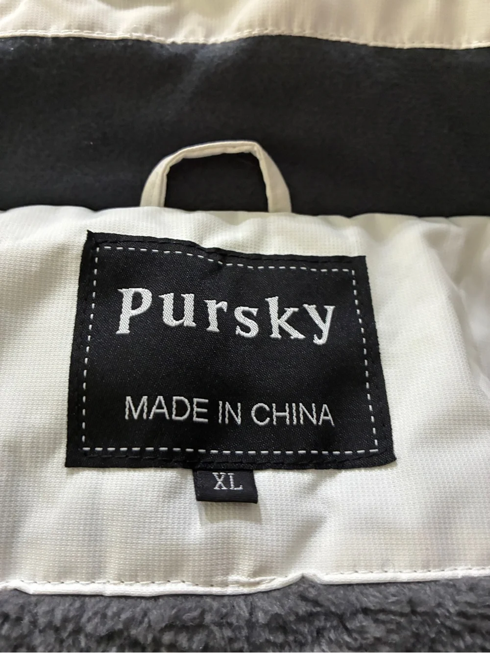 Two-Tone White and Black Winter Jacket with Faux Fur Hood